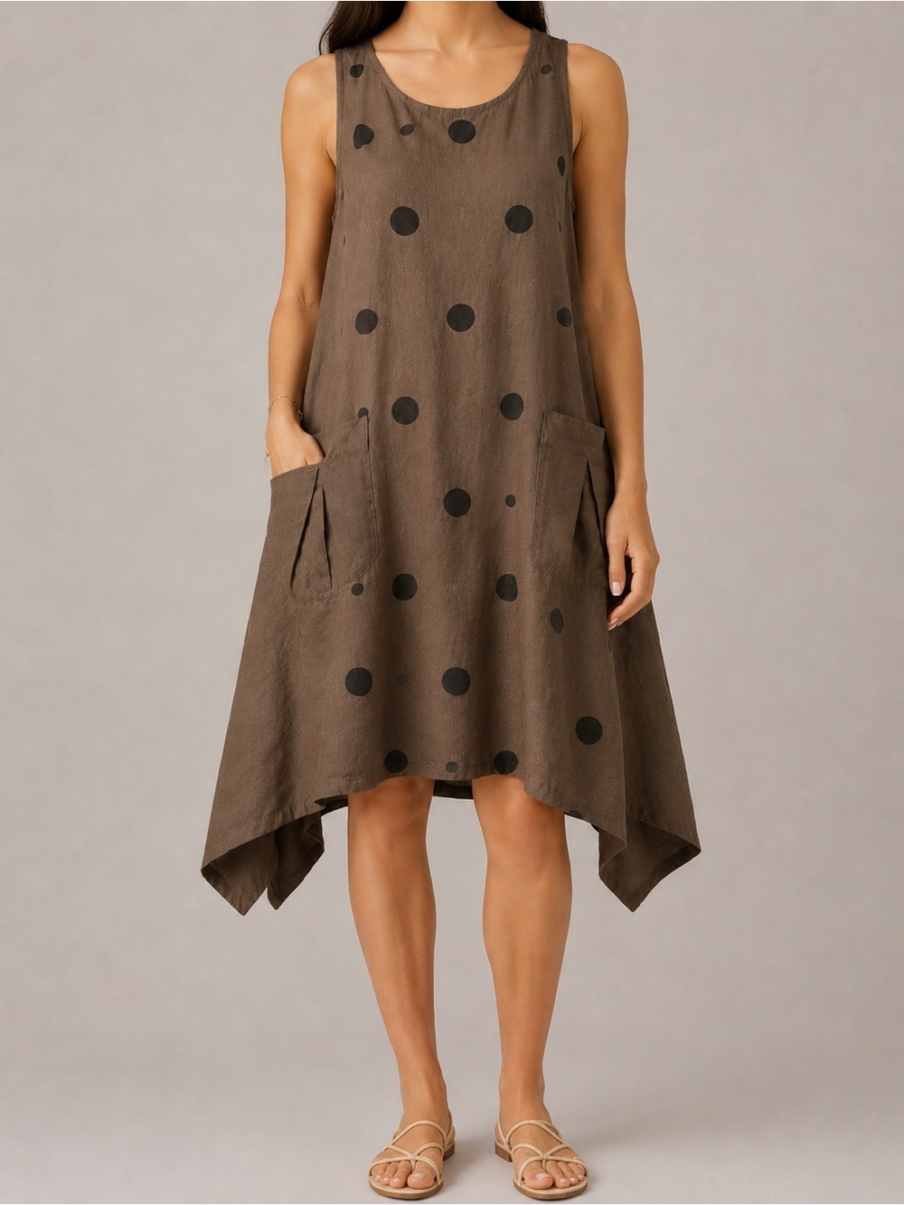 Paolo Tricot Linen Blend Polka Dot Pockets Tunic Dress Boho Lagenlook Brown S